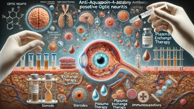 抗アクアポリン4抗体陽性視神経炎の治療法に焦点を当てた科学的イラスト。炎症、視神経組織、および治療法（ステロイド、血漿交換療法、免疫抑制薬）が象徴的に描かれた教育的な図解。